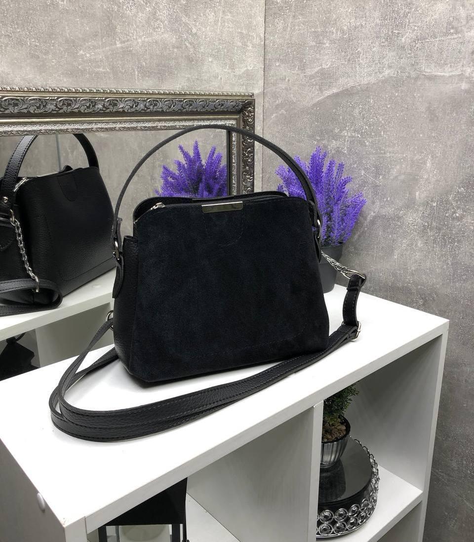 Жіноча сумка крос-боді невелика сумочка через плече стильна чорна замша+шкірзам