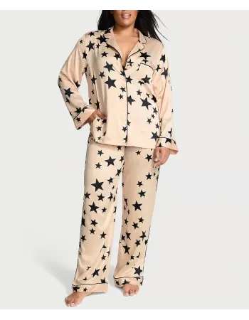 Сатинова Піжама Victoria's Secret Satin Long Pajama Set, Бежева з зірками, фото 1