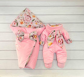 Демісезонний комплект одягу з гладкого плюшу для новонароджених, рожевий з квітковим принтом