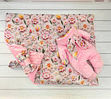 Демісезонний комплект одягу з гладкого плюшу для новонароджених, рожевий з квітковим принтом, фото 2