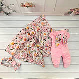 Демісезонний комплект одягу з гладкого плюшу для новонароджених, рожевий з квітковим принтом, фото 8
