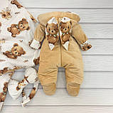 Демісезонний комплект одягу з гладкого плюшу для новонароджених, бежевий з принтом ведмедики, фото 6