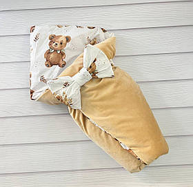 Демісезонний конверт з гладкого плюшу для новонароджених, бежевий з принтом ведмедики