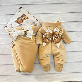 Демісезонний комплект одягу з гладкого плюшу для новонароджених, бежевий з принтом ведмедики