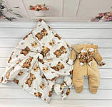 Демісезонний комплект одягу з гладкого плюшу для новонароджених, бежевий з принтом ведмедики, фото 3