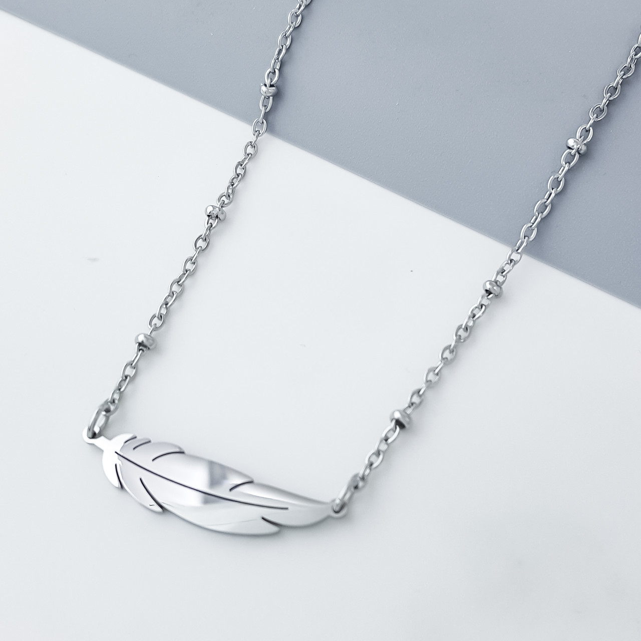 Підвіска "Срібне Перо" без каміння, р.45+5, медичне золото Xuping, stainless steel, родій