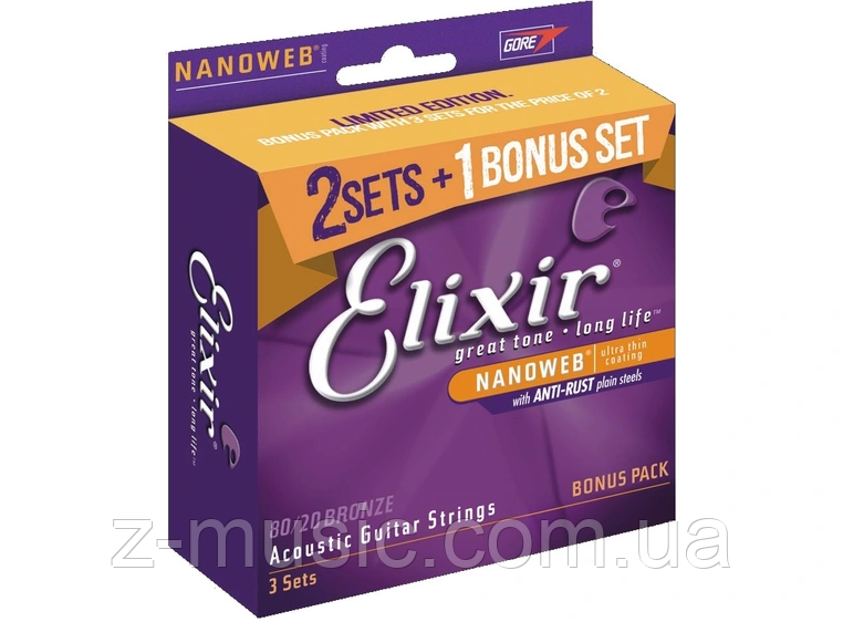 Струни для акустичної гітари Elixir AC NW CL (3 Pk) (11-52) - Сет з трьох комплектів