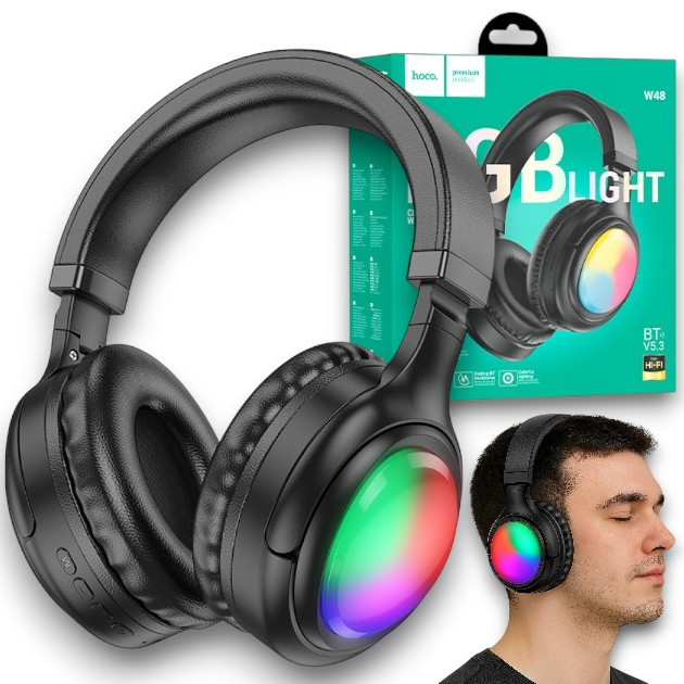 Бездротові RGB навушники HOCO W48 з мікрофоном, Bluetooth 5.3, AUX, TF, Hi-Fi, до 46 годин роботи, чорні