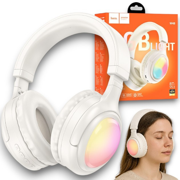 Бездротові RGB навушники HOCO W48 з мікрофоном, Bluetooth 5.3, AUX, TF, Hi-Fi, до 46 годин роботи, бежевий
