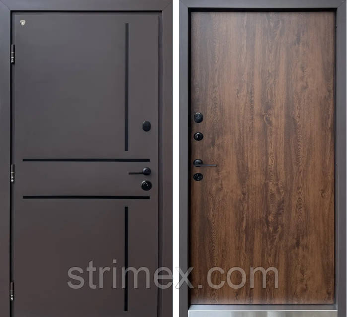 Двері вхідні вуличні металеві Strimex Lama PN 3K Venezia Thermo System (RAL 8019/Дуб темний)