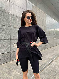 Футболка оверсайз базова однотонна жіноча пряма подовжена з поясом