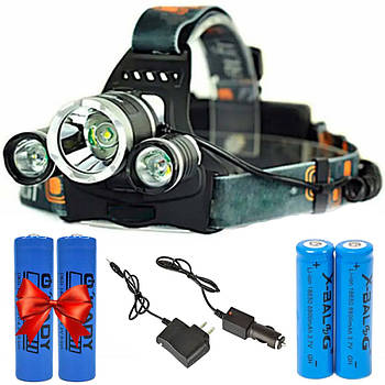 Ліхтар налобний RJ 3000 Т6 + Подарунок Акумулятор 18650 2шт / Акумуляторний ліхтарик від мережі та прикурювача