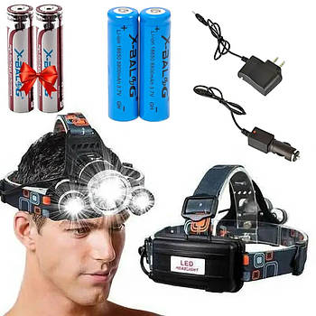 Налобний ліхтар Bailong RJ-3000 + Подарунок 2шт Акумулятор 8800mAh / Світлодіодний акумуляторний ліхтар на лоб
