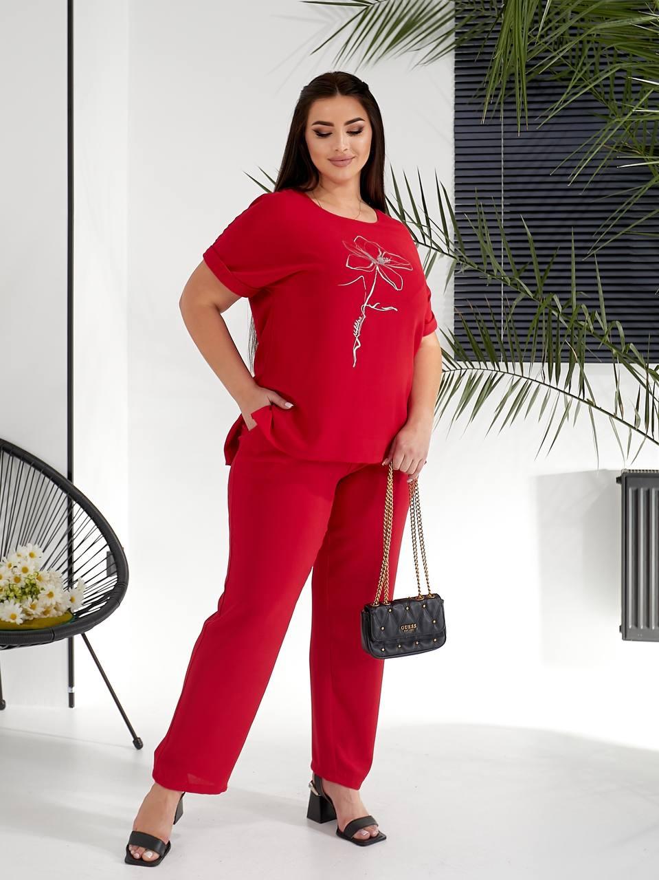 Жіночий легкий літній костюм стрейч льон великого розміру plussize 50-60 футболка з накатом і брюки