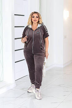 Костюм жіночий спортивний з велюру кофта з коротким рукавом і штани (Батал)