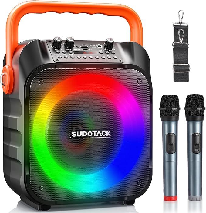 SUDOTACK SP-70 - Портативна караоке-машина з 2 бездротовими мікрофонами, Bluetooth-динамік з світловими ефектами
