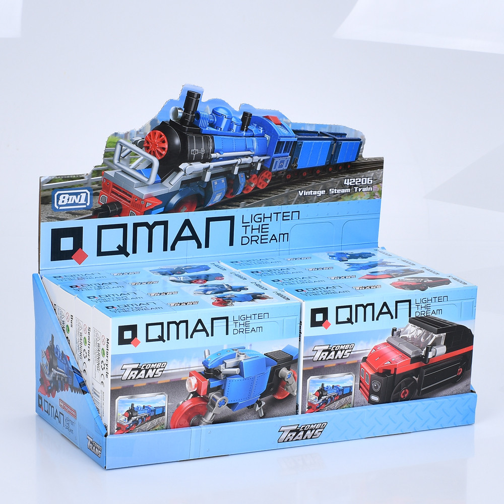 Конструктор Qman 42206 (96шт) транспорт, від 58дет, в кор-ці, 8в1(поїзд), 8шт(8видів) в дисплеї, 38-14-19,5см