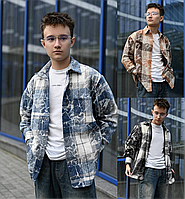 Трендовая рубашка в клетку подростковая оверсайз из кашемира с мраморным украшением: черный, сини