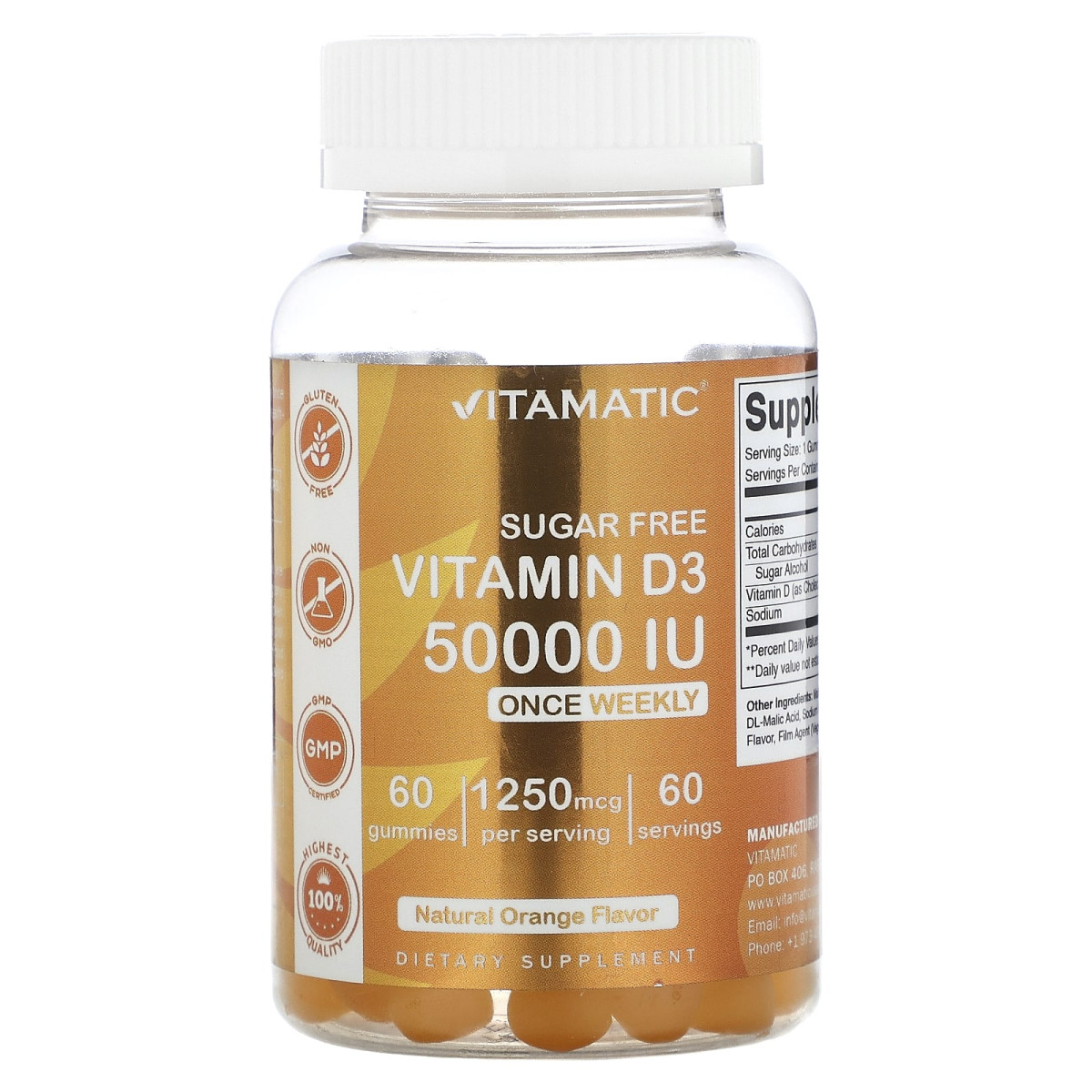 Vitamatic, вітамін D3 без цукру, натуральний апельсин, 1250 мкг (50 000 МО), 60 жувальних мармеладок