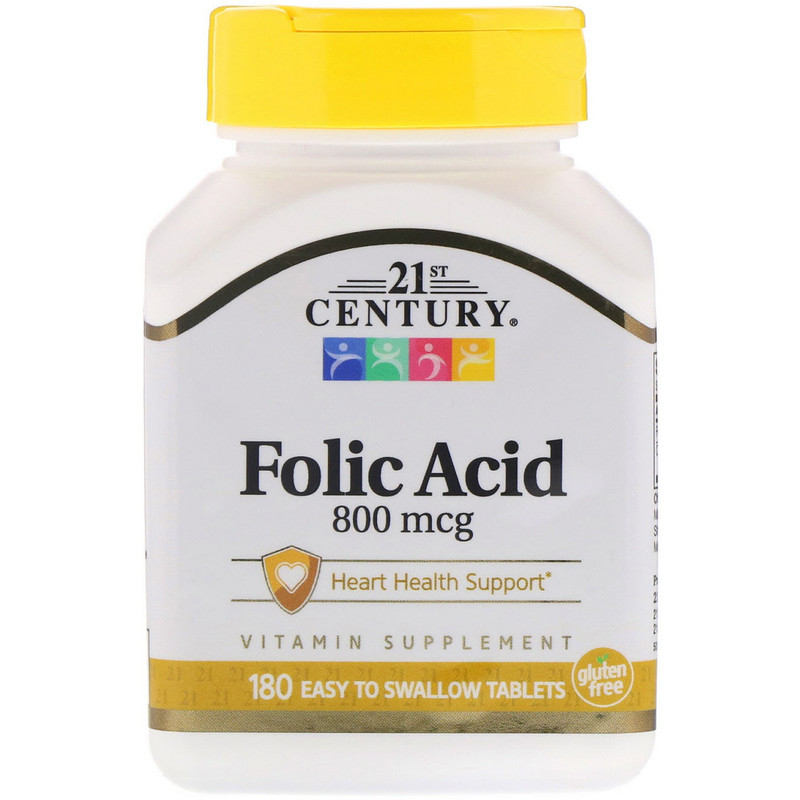 Фолієва кислота, Folic Acid, 21st Century, 800 мкг, 180 таблеток