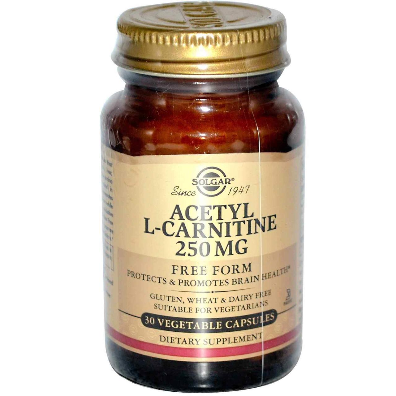 Ацетил L-карнітин, Acetyl-L-Carnitine, Solgar, 250 мг, 30 вегетаріанських капсул