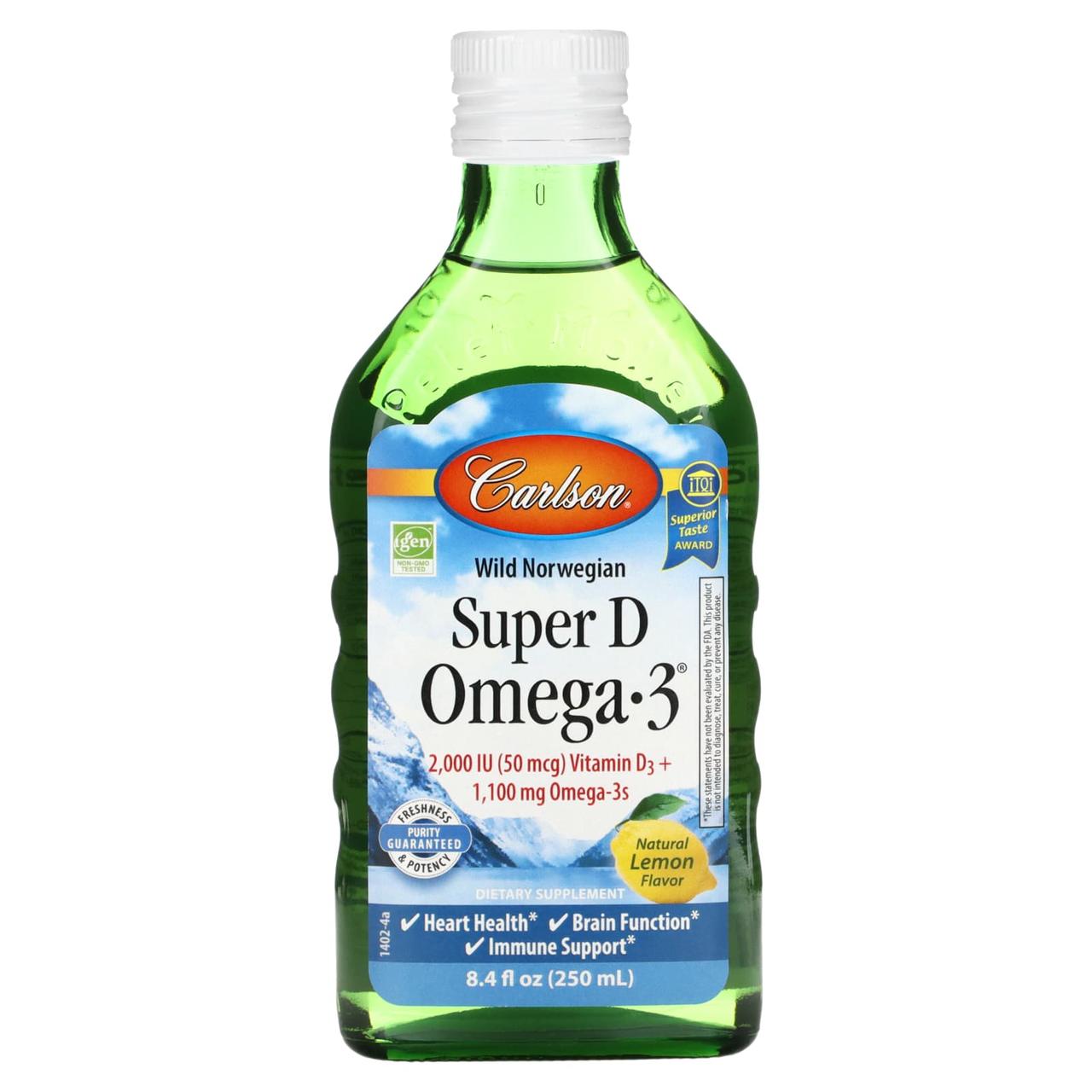 Норвезький риб'ячий жир з вітаміном D, Super D Omega 3, Carlson, смак лимона, 250 мл.