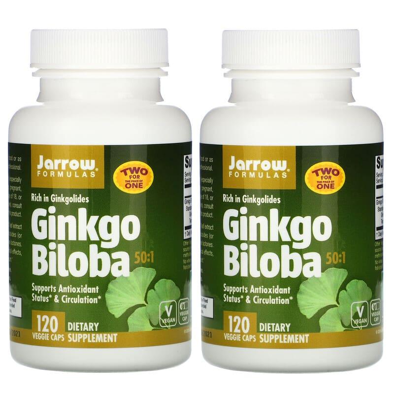 Гінкго білоба, Ginkgo Biloba, 50: 1, 2 банки, Jarrow Formulas, 60 мг, 120 капсул в кожній банці