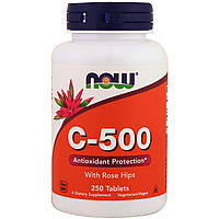 Вітамін С-500, Vitamin C With Rose Hips, Now Foods, з плодами шипшини, 250 таблеток