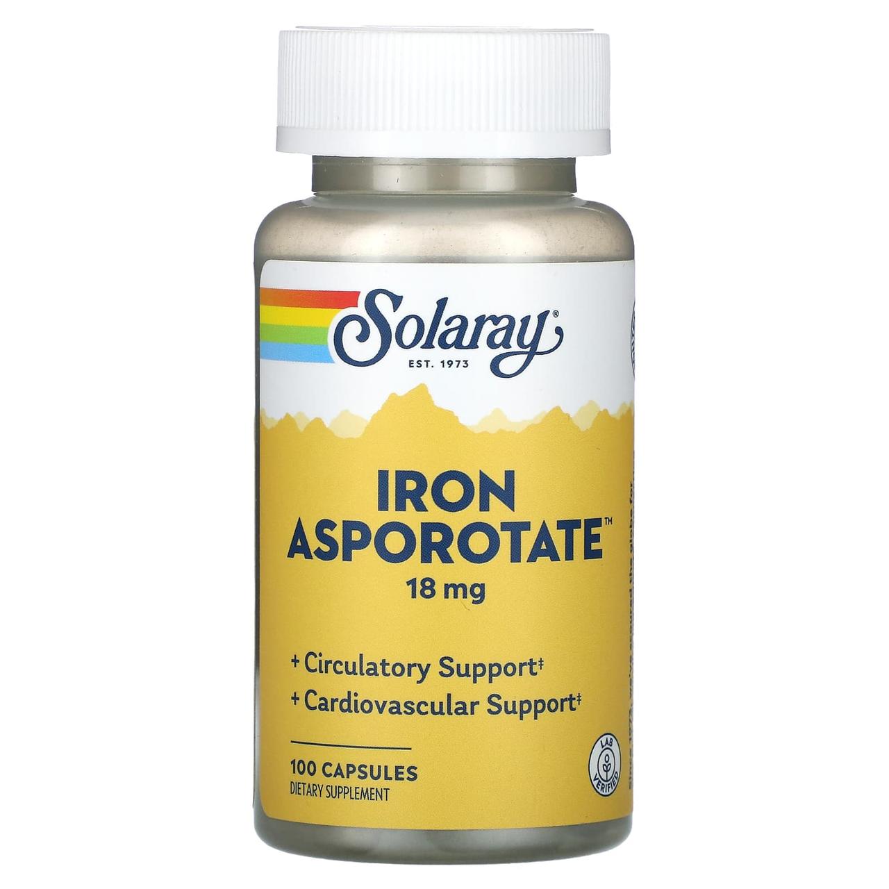 Залізо, Iron Asporotate, Solaray, 18 мг, 100 капсул