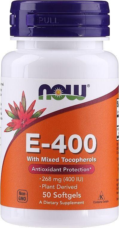 Вітамін Е, E-400, Now Foods, зі змішаними токоферолами, 268 мг (400 МО), 50 гелевих капсул
