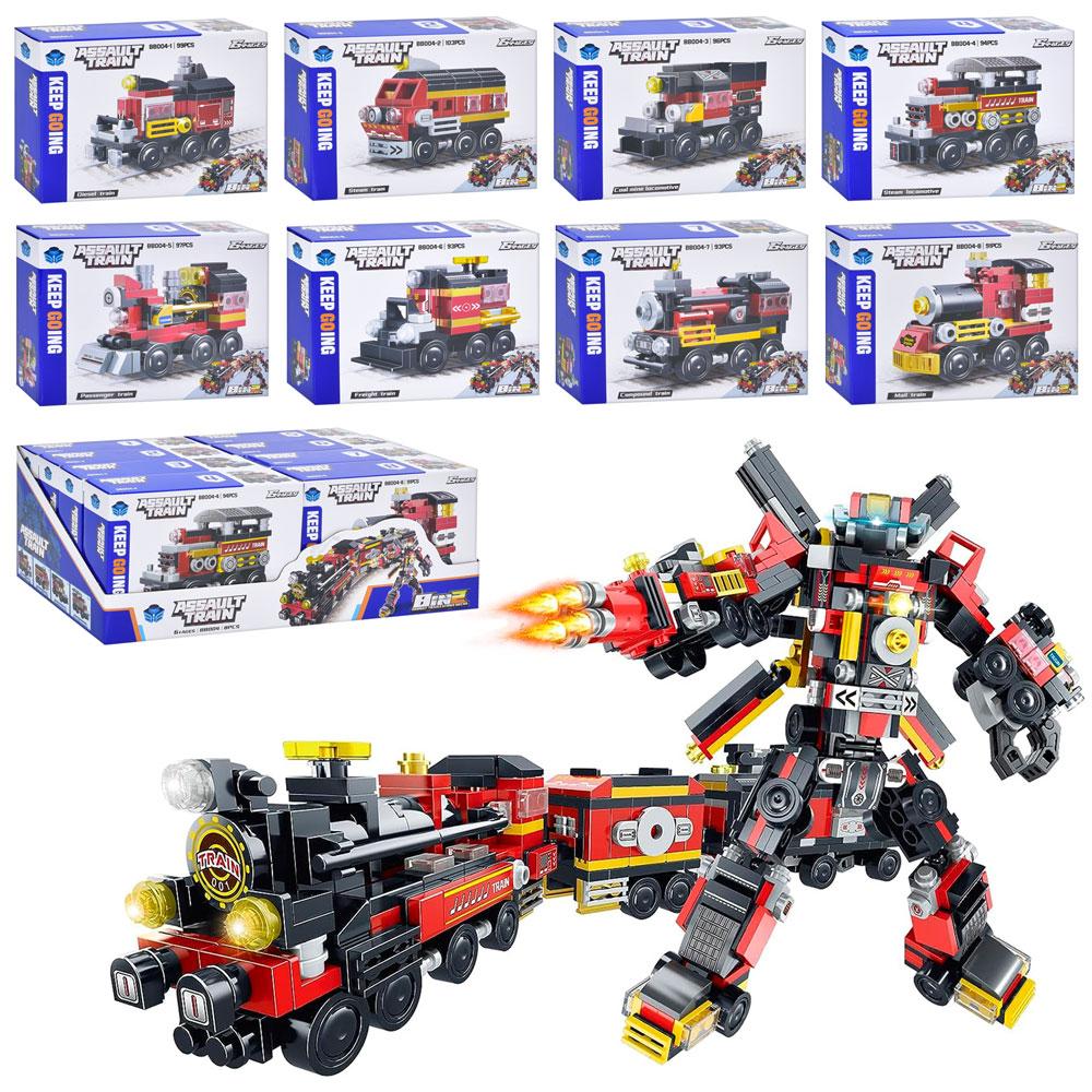 Конструктор залізничний транспорт, від 91 дет, 8в2 (робот-потяг), 8 видів, /12/96/8шт.в кор. 39-19-14см, фото 1