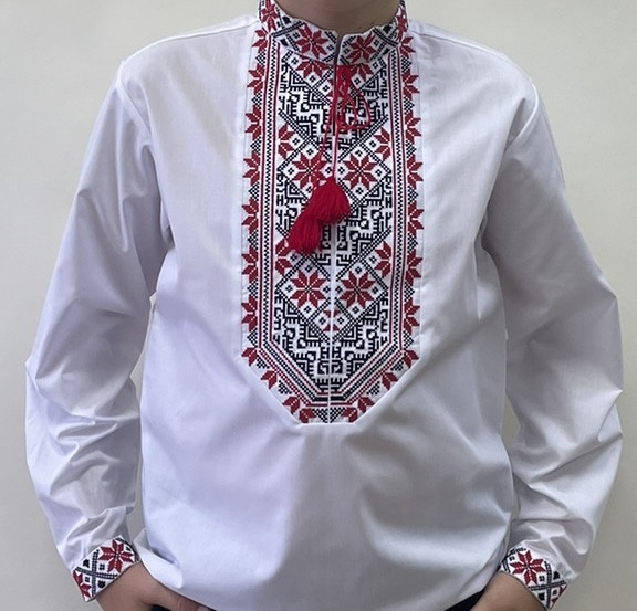 Вишиванка дитяча сорочка для хлопчика Максим в білому кольорі з червоно-чорною вишивкою. Розміри 140-170