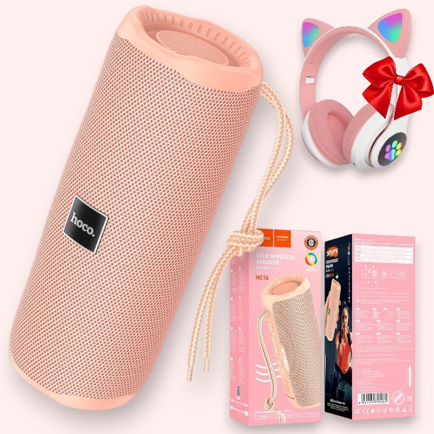 Портативна Bluetooth колонка HOCO HC16 + Дитячі навушники з вушками | Рожева, FM, USB, TF, водозахист IPX4