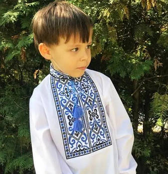 Вишиванка дитяча сорочка для хлопчика Йосип в білому кольорі з синьо-чорною вишивкою. Розміри 116-134, фото 1