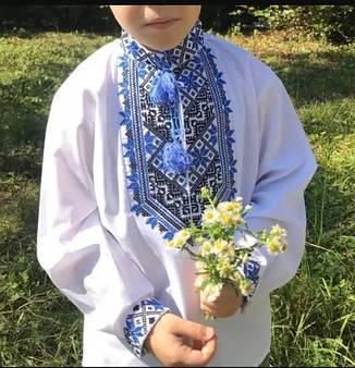 Вишиванка дитяча сорочка для хлопчика в білому кольорі Максим з синьо-чорною вишивкою. Розміри 116-134, фото 1