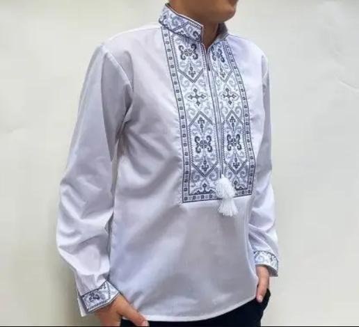 Вишиванка дитяча сорочка для хлопчика Йосип в білому кольорі з сіро-чорною вишивкою. Розміри 140-170