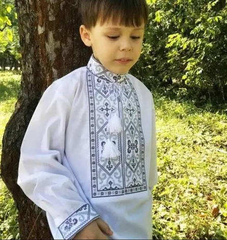 Вишиванка дитяча сорочка для хлопчика Йосип в білому кольорі з сіро-чорною вишивкою. Розміри 116-134, фото 1