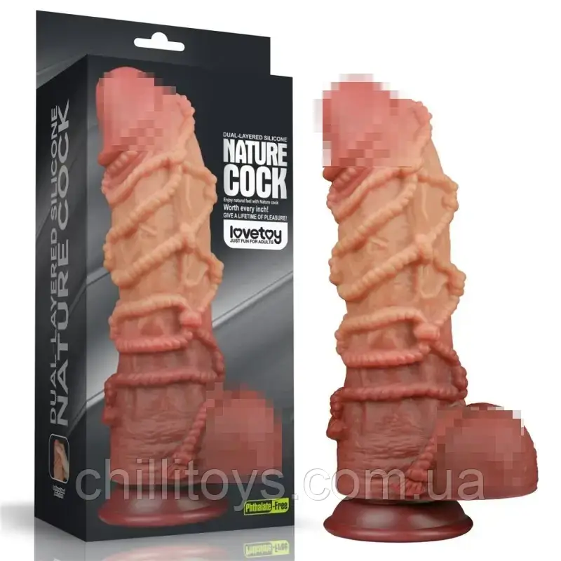 Фалоімітатор рельєфний Dual layered Platinum Silicone Cock with Rope 10.5, Коричневий