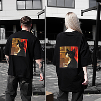 Парні футболки оверсайз(oversize) для чоловіка і дружини, для закоханих пар SANE з принтом кіт стрес чорні