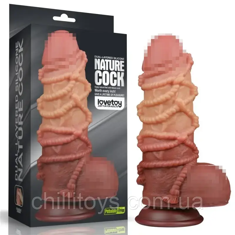 Фалоімітатор рельєфний Dual layered Platinum Silicone Cock with Rope 9.5, Коричневий