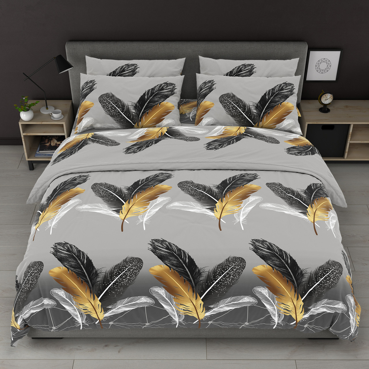 Підковдра на блискавці 145х215 (Бязь) | Полуторна підковдра від виробника "Королева Ночі" | Пір`я на сірому, фото 1