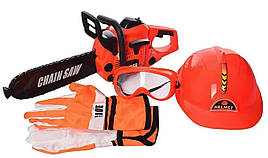 Дитячий ігровий набір інструментів Keyi бензопила, маска, рукавички, каска, на батарейках в коробці Помаранчевий