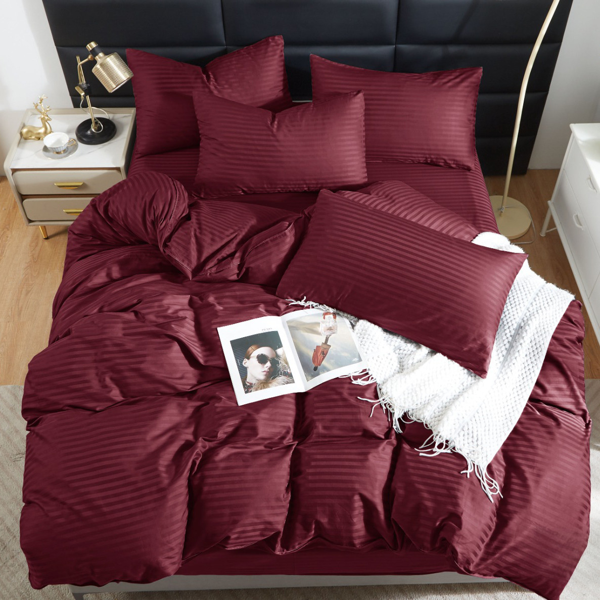 Простирадло 150х220 (Страйп Сатин) | Полуторне простирадло від виробника "Королева Ночі" | Бордовий страйп сатин, фото 1