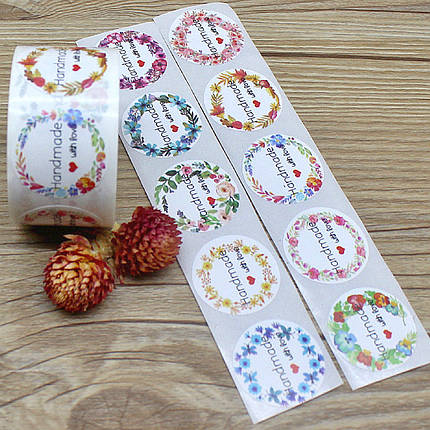 Наліпка паперова кругла "Handmade" 25 мм (10 шт) біла мікс, фото 1