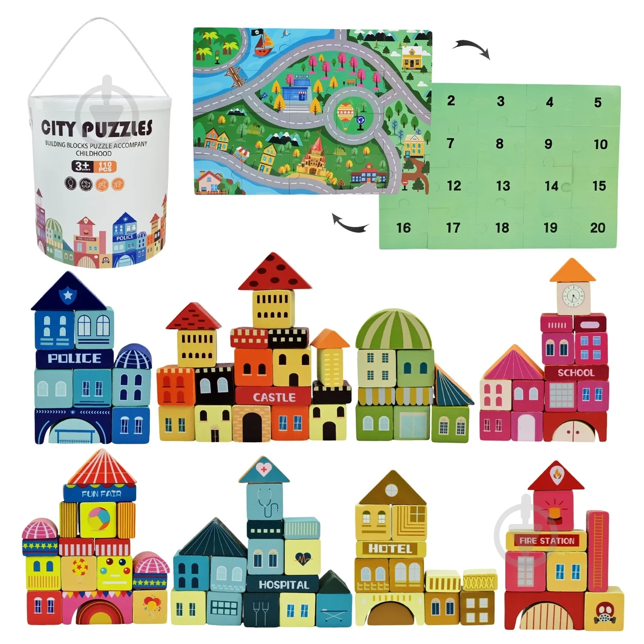 Дерев’яний 3D-конструктор «Містечко», 110 деталей, у відерці (розмір 18×19,5 см) Якість – відмінна. Спросить ChatGPT, фото 1