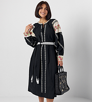 Жіноча сукня міді з вишитими трояндами - чорний цвет, L (є розміри) Етнічний, Зав'язки, Нове, Демисезон, S, S - 49см; M - 49см; L - 49см; XL - 49см, Вишивка гладдю, 100% бавовна, S - 121см; M - 121см; L - 121см; XL - 121см, S - 69см; M - 69см; L - 69см; X