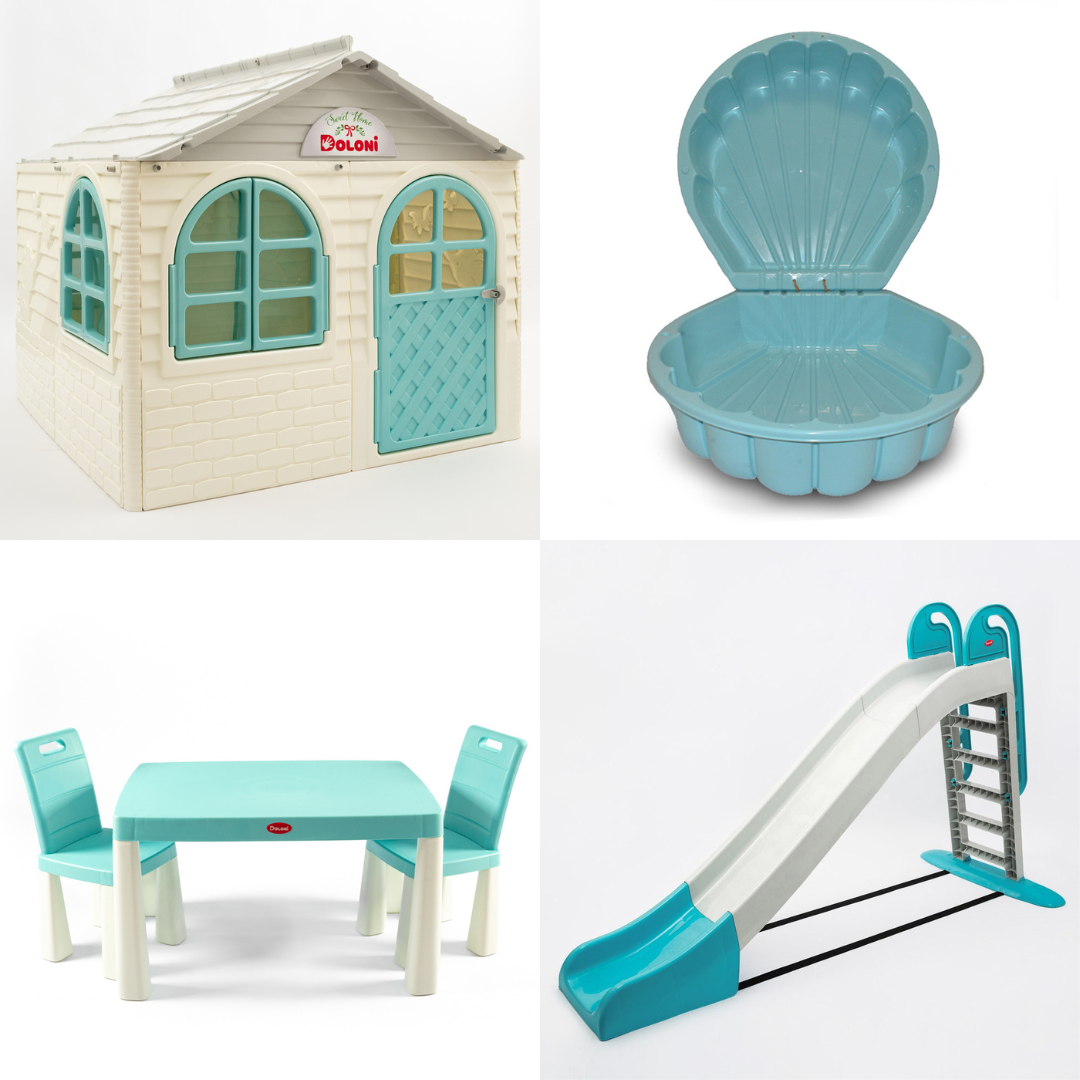 МЕГА НАБІР Середній будиночок зі шторками, велика пластикова гірка, столик зі стільчиками і пісочниця ТМ Doloni, фото 1