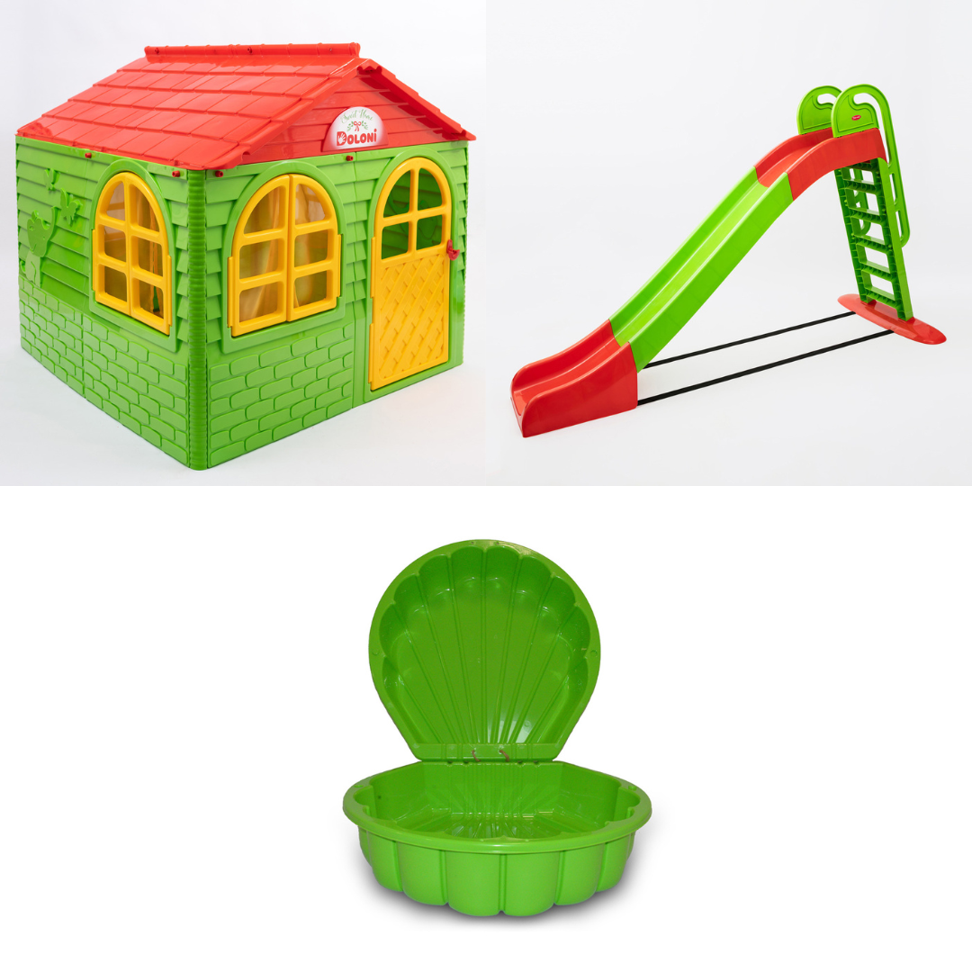 АКЦІЯ НАБІР Середній будиночок зі шторками, велика пластикова гірка і пісочниця ТМ Doloni, фото 1
