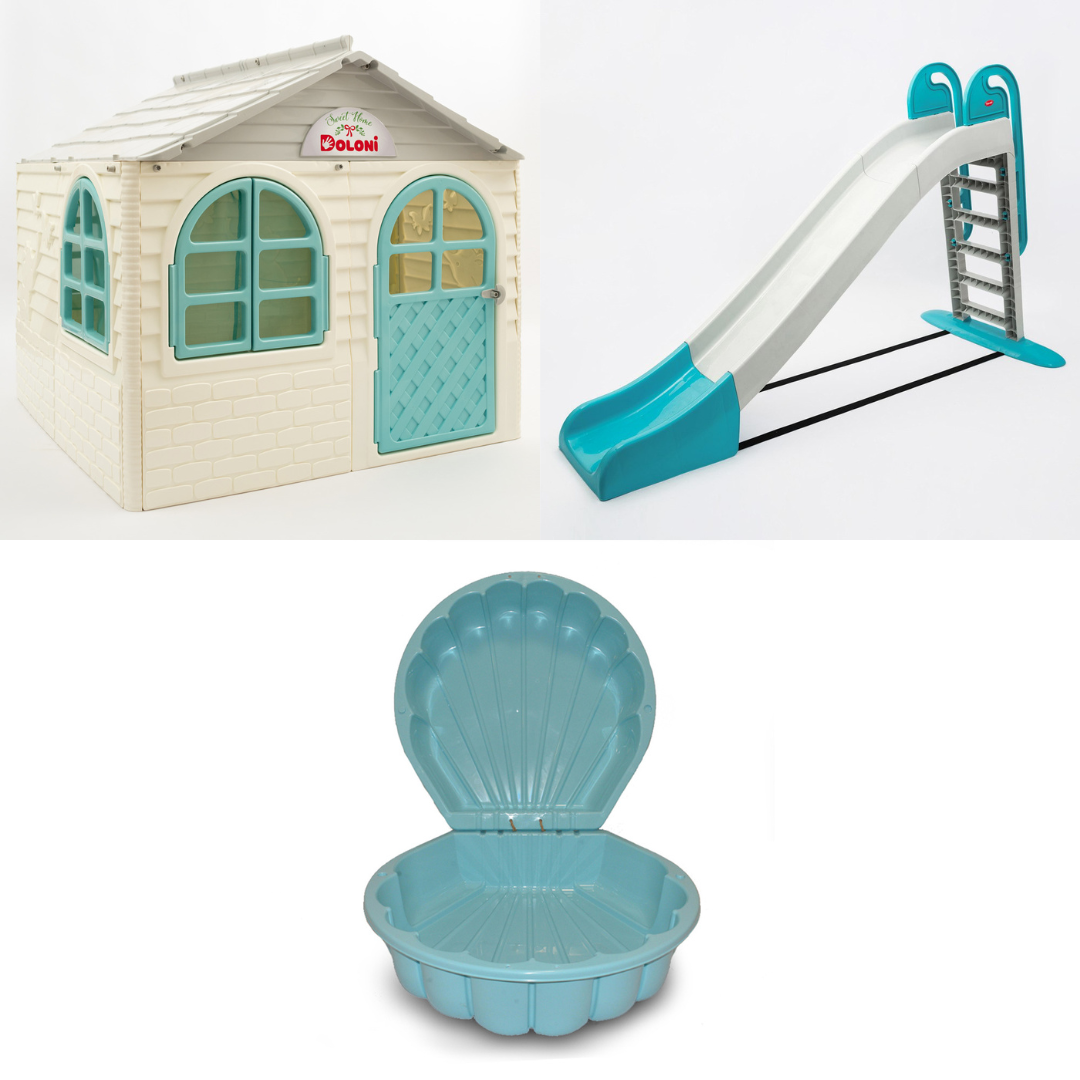 АКЦІЯ НАБІР Середній будиночок зі шторками, велика пластикова гірка і пісочниця ТМ Doloni, фото 1