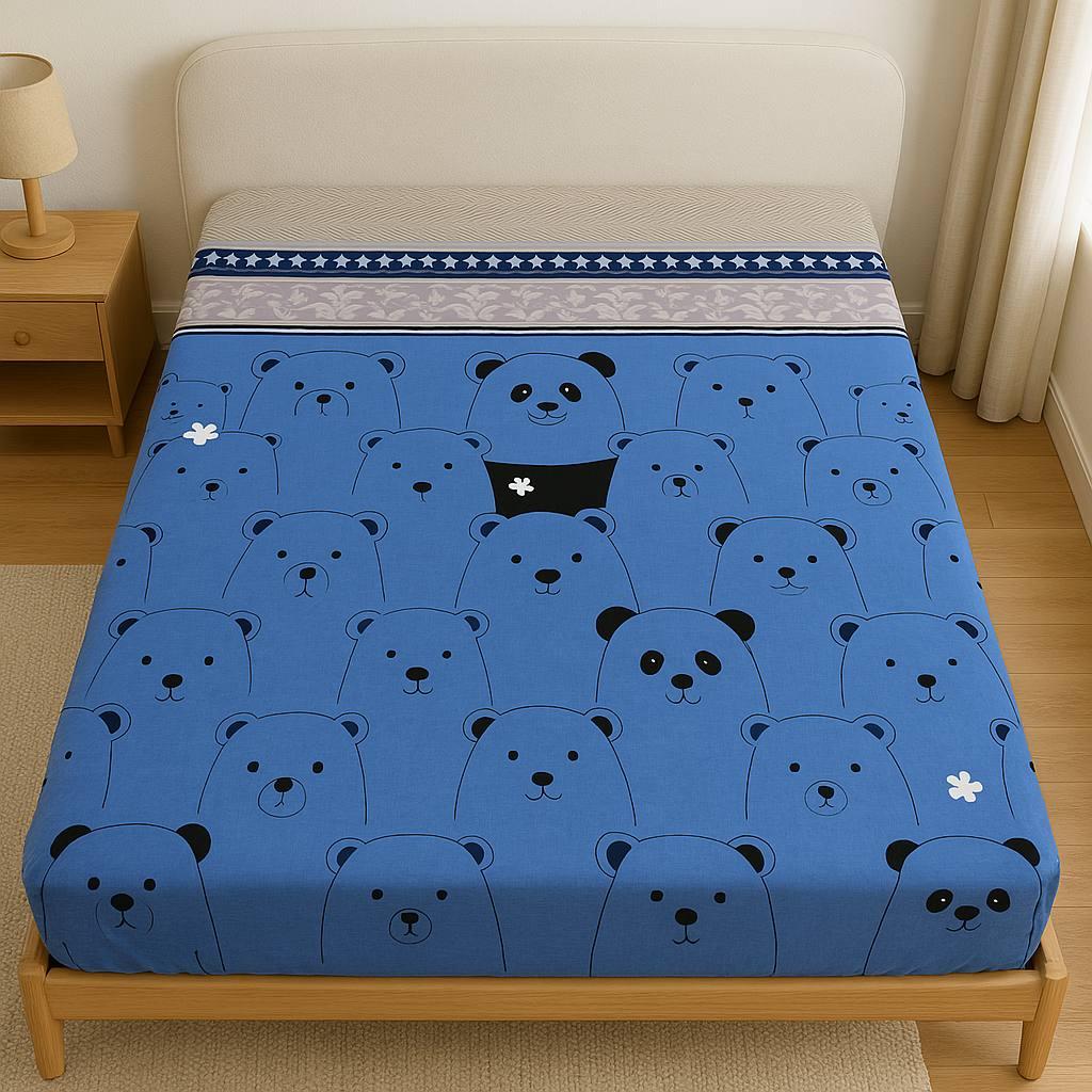 Простирадло на резинці двоспальне "Bear blue" | Бязь 180х200 см, фото 1